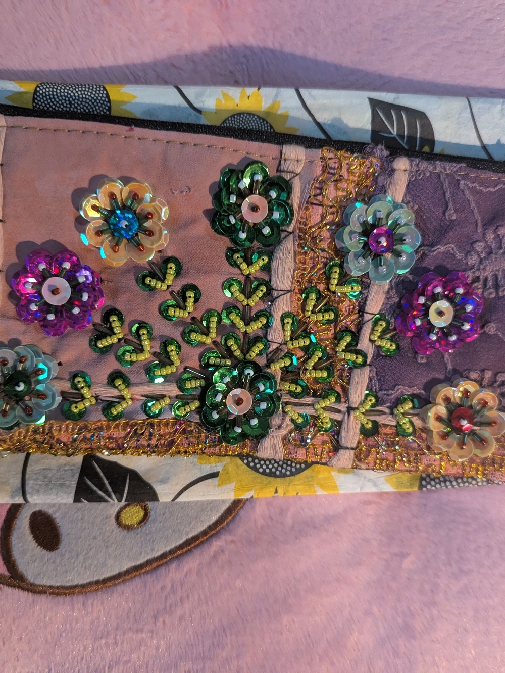 Embellished Floral Sequin Clutch - Pink and Purple
